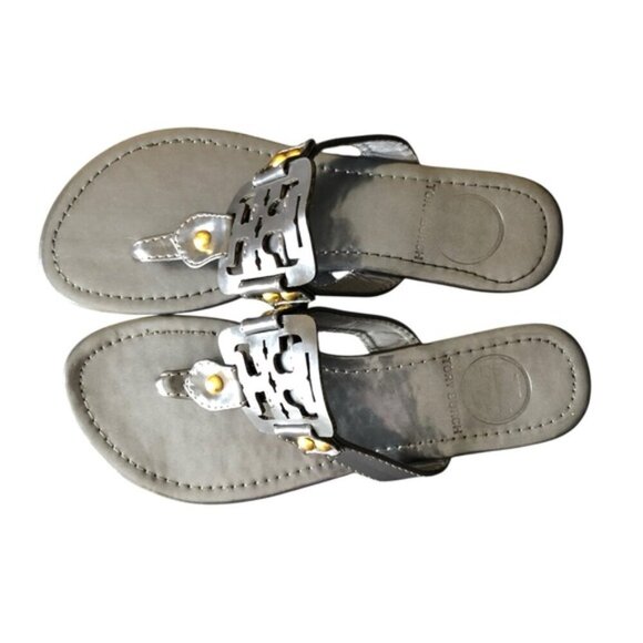 Tory Burch Miller Sandals Gunmetal Leather Thong Size 7 Metallic - Picture 3 of 15